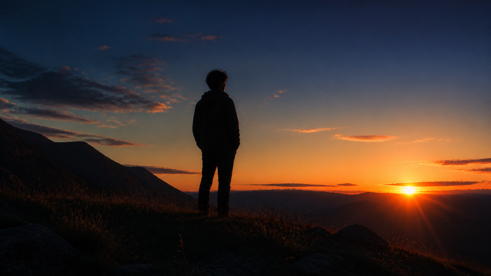 A solitary figure standing on a low rise, framed full-body against an open sunset sky transitioning from deep amber near the horizon to indigo above, faint sun flare from the lower right, subtle rim light wrapping the figure, soft motion blur in the long grass at the foreground, painterly cinematic color grade, no facial detail visible, wide cinematic composition. A solitary figure standing on a low rise, framed full-body against an open sunset sky transitioning from deep amber near the horizon to indigo above, faint sun flare from the lower right, subtle rim light wrapping the figure, soft motion blur in the long grass at the foreground, painterly cinematic color grade, no facial detail visible, wide cinematic composition. CVY.AI