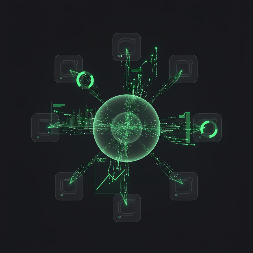 Premium enterprise industrial data visualization animation.
Abstract CNC machine data streams flow smoothly from multiple machines
into a central analytics intelligence hub, then transform into glowing
green performance charts, OEE indicators, trend lines and upward results.
Dark charcoal and transparent visual language, iMachineTrack green accents,
minimal futuristic industrial SaaS aesthetic, elegant slow motion,
seamless 3-second loop, no people, no text, no logos, no physical devices,
no background, transparent-looking edges. CVY.AI