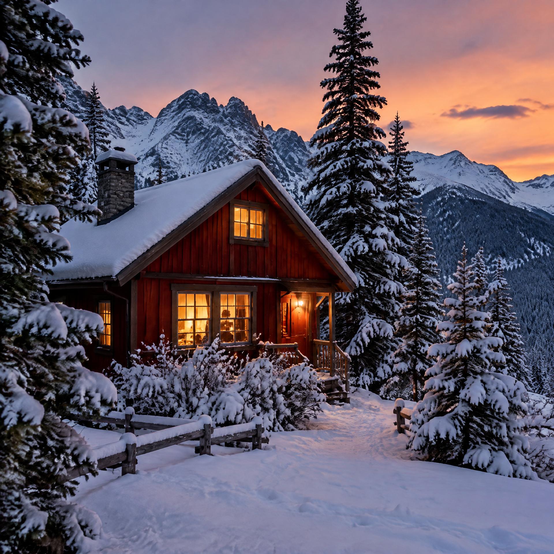 a red alpine cabin at dusk, snow-covered pines, warm window light, photorealistic CVY.AI