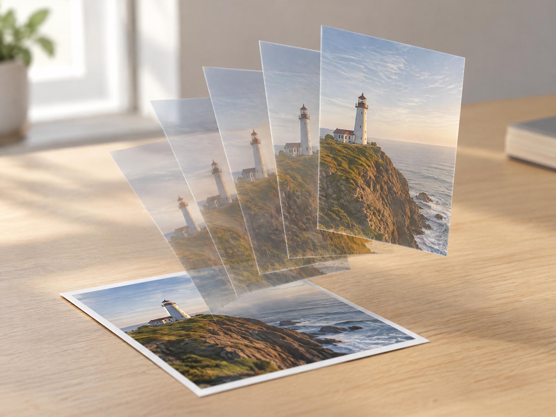 A single printed photograph of a lighthouse on a cliff lying on a light wooden desk, and rising out of it a fan of five translucent copies of the same photo, each slightly shifted, like frames of an animation coming to life, soft morning window light, shallow depth of field, clean minimal composition, no text, no logos, no icons CVY.AI