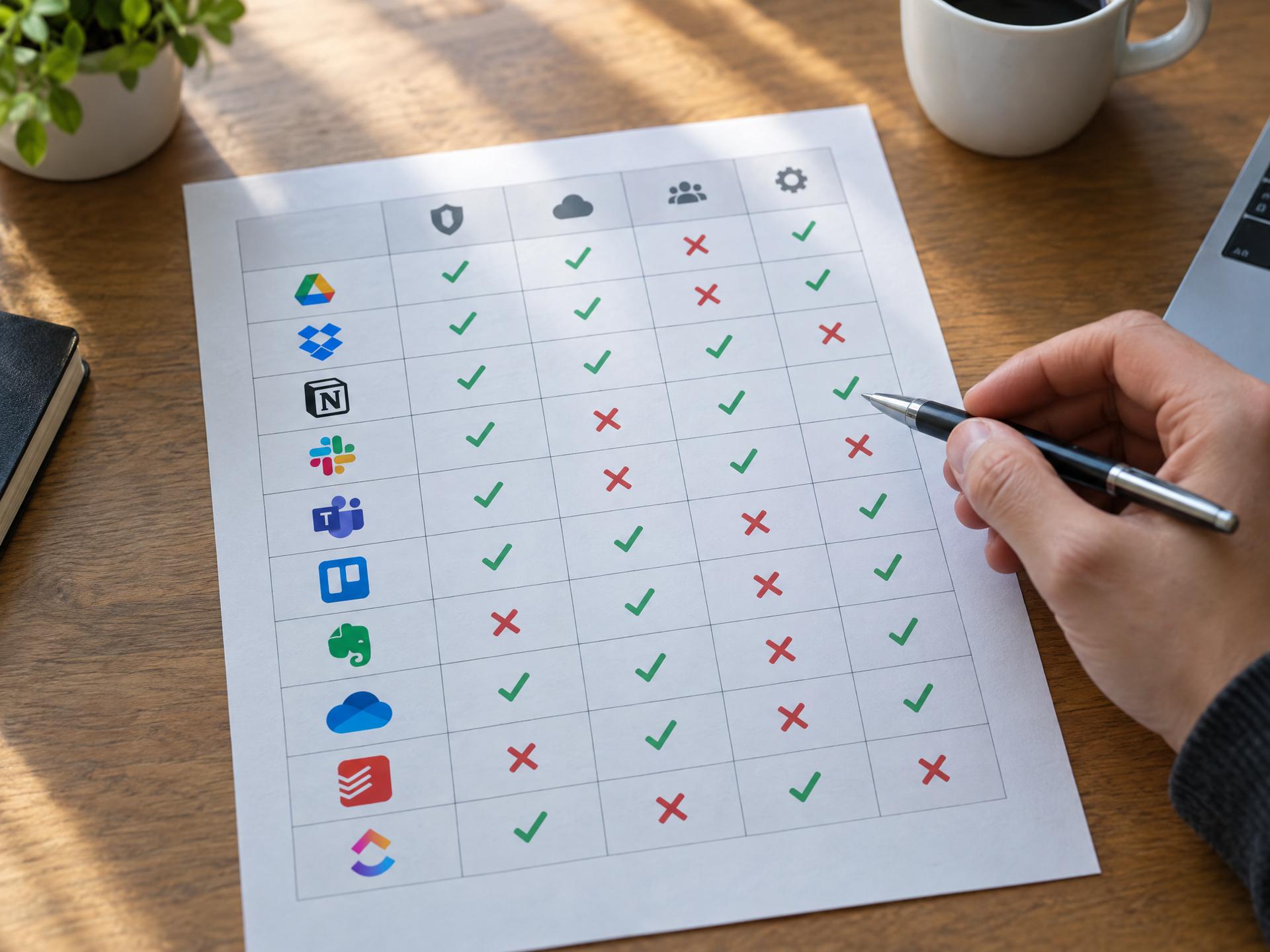 Flat-lay photo of a printed comparison chart on a wooden desk: a grid with rows of small app icons and columns of green checkmarks and red crosses, a hand holding a pen hovering over one row, soft window light, shallow depth of field, no readable text CVY.AI