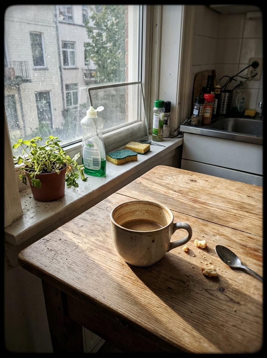 像手机随手拍的一张照片：下午四点的厨房窗台，一杯喝了一半的咖啡，窗外的光斜照在木桌上，有轻微的手持晃动感和自然的暗角，色彩不加修饰，真实日常，不像精修图。 CVY.AI