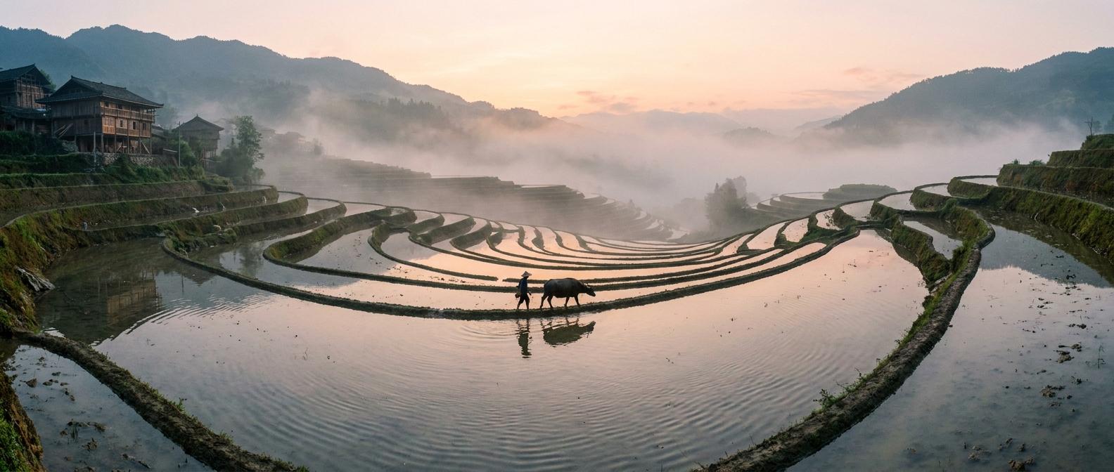 Panoramic view of rice terraces at dawn after rain, mist drifting through the valley, mirror-like flooded paddies reflecting a pale orange sky, a single farmer with a conical hat walking along a ridge in the middle distance, a few wooden stilt houses on the far left, soft diffused light, fine detail in the water reflections and terrace edges. Panoramic view of rice terraces at dawn after rain, mist drifting through the valley, mirror-like flooded paddies reflecting a pale orange sky, a single farmer with a conical hat walking along a ridge in the middle distance, a few wooden stilt houses on the far left, soft diffused light, fine detail in the water reflections and terrace edges. CVY.AI