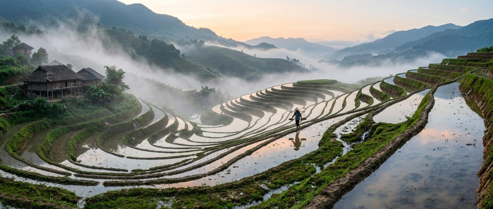 Panoramic view of rice terraces at dawn after rain, mist drifting through the valley, mirror-like flooded paddies reflecting a pale orange sky, a single farmer with a conical hat walking along a ridge in the middle distance, a few wooden stilt houses on the far left, soft diffused light, fine detail in the water reflections and terrace edges. CVY.AI