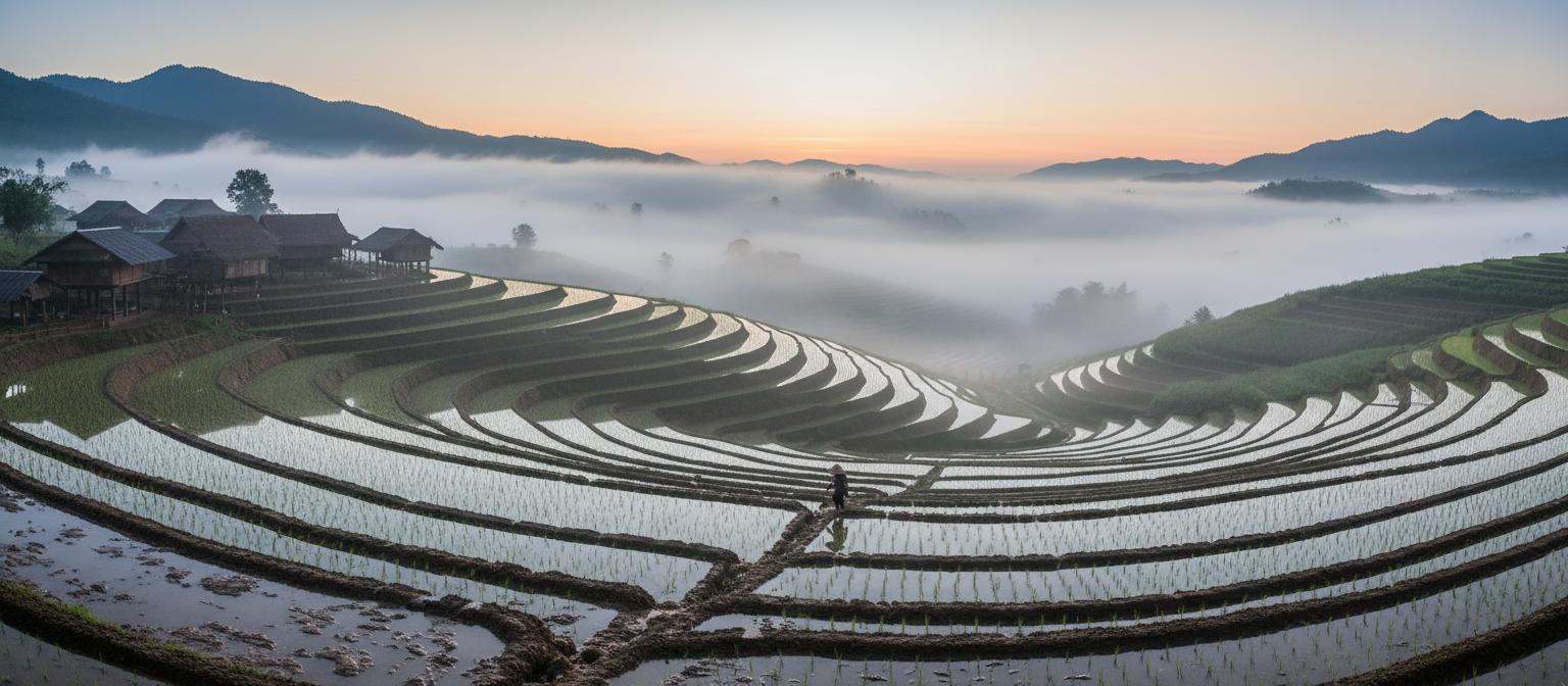 Panoramic view of rice terraces at dawn after rain, mist drifting through the valley, mirror-like flooded paddies reflecting a pale orange sky, a single farmer with a conical hat walking along a ridge in the middle distance, a few wooden stilt houses on the far left, soft diffused light, fine detail in the water reflections and terrace edges. CVY.AI