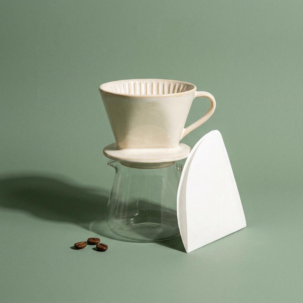 Product photo on a matte sage-green background: a ceramic pour-over coffee dripper in cream glaze sitting on a glass carafe, exactly three coffee beans to the left of the carafe, a folded white paper filter leaning against the right side, soft top light with one gentle shadow falling to the lower left, no steam, no text, centered composition. CVY.AI