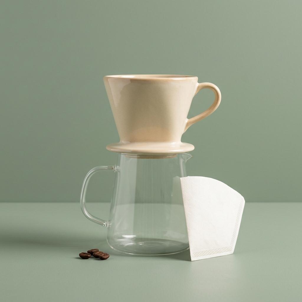 Product photo on a matte sage-green background: a ceramic pour-over coffee dripper in cream glaze sitting on a glass carafe, exactly three coffee beans to the left of the carafe, a folded white paper filter leaning against the right side, soft top light with one gentle shadow falling to the lower left, no steam, no text, centered composition. CVY.AI