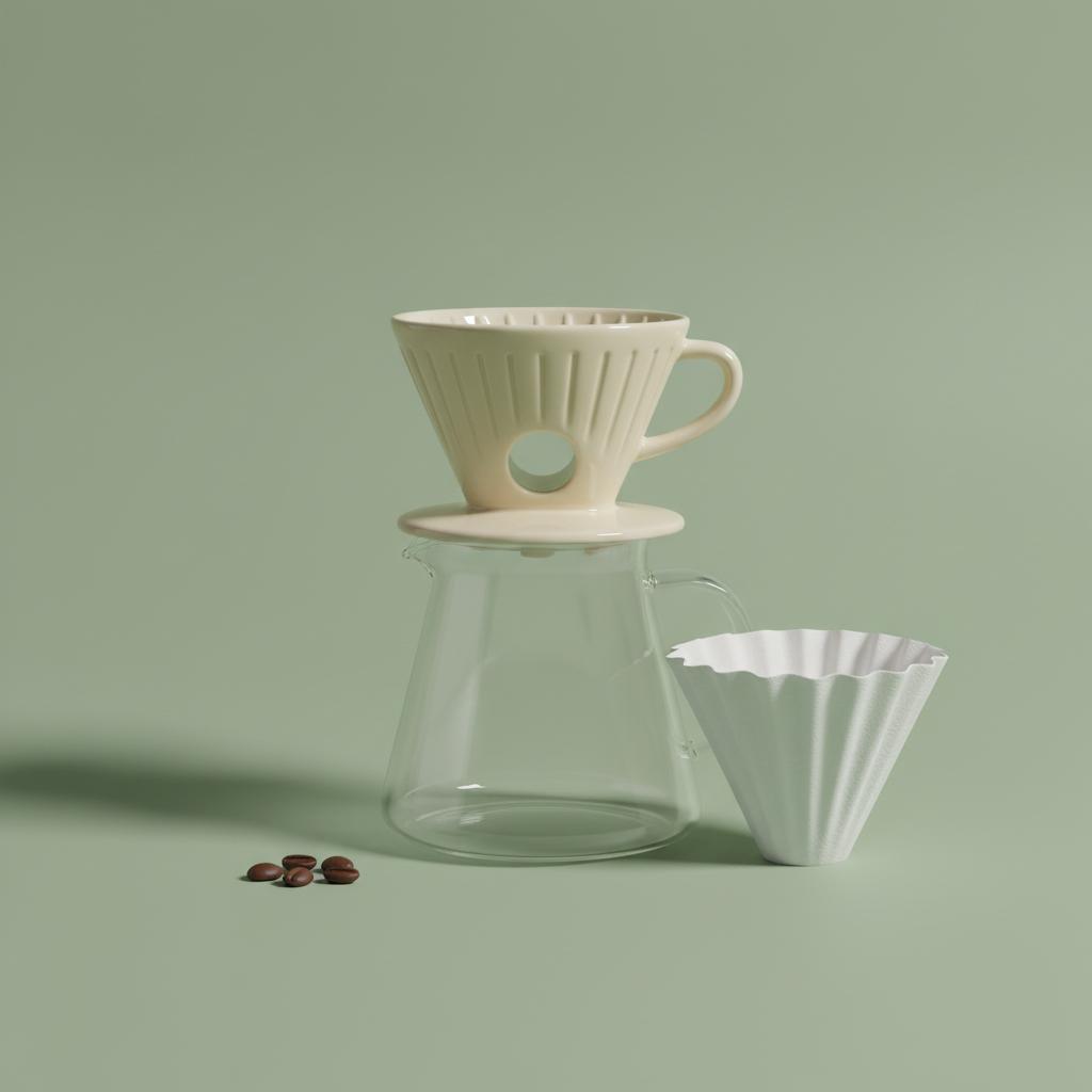 Product photo on a matte sage-green background: a ceramic pour-over coffee dripper in cream glaze sitting on a glass carafe, exactly three coffee beans to the left of the carafe, a folded white paper filter leaning against the right side, soft top light with one gentle shadow falling to the lower left, no steam, no text, centered composition. CVY.AI