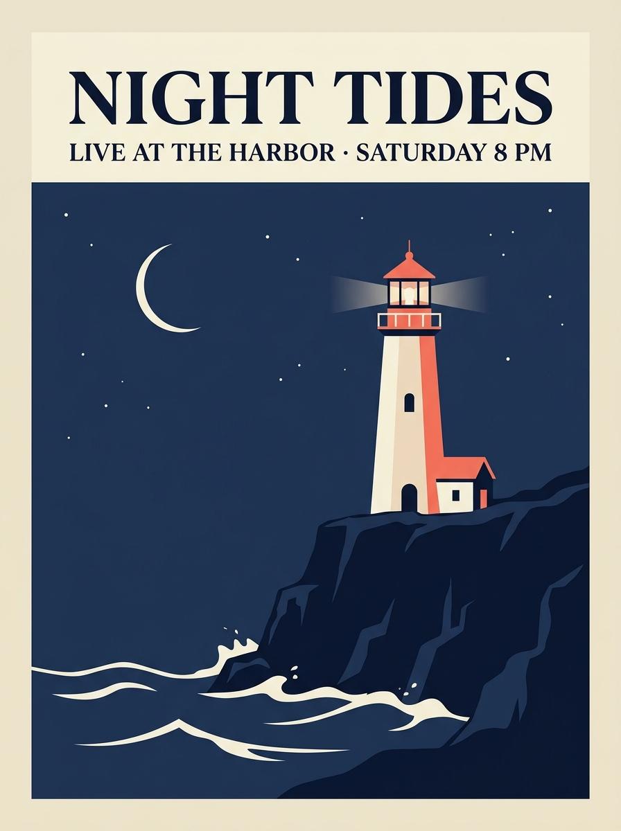 A minimalist concert poster. Large headline text "NIGHT TIDES" at the top in a bold serif, below it smaller text "Live at the Harbor · Saturday 8 PM". Illustration of a lighthouse on a cliff under a navy sky with a thin crescent moon, limited palette of navy, cream and coral, flat vector style, clean margins. CVY.AI