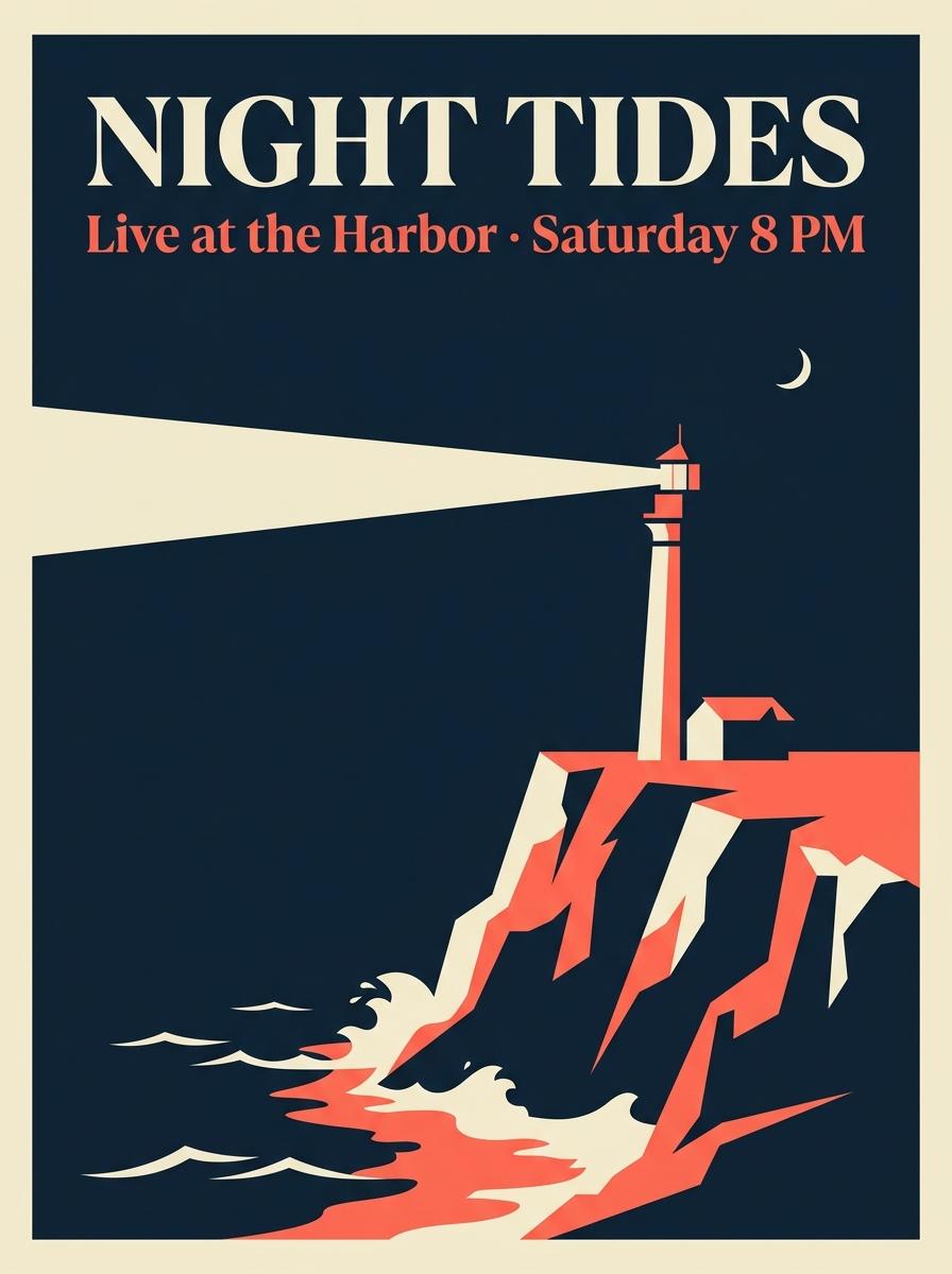 A minimalist concert poster. Large headline text "NIGHT TIDES" at the top in a bold serif, below it smaller text "Live at the Harbor · Saturday 8 PM". Illustration of a lighthouse on a cliff under a navy sky with a thin crescent moon, limited palette of navy, cream and coral, flat vector style, clean margins. CVY.AI