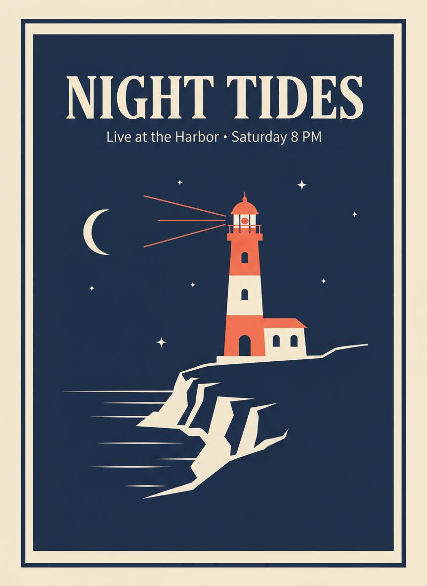 A minimalist concert poster. Large headline text "NIGHT TIDES" at the top in a bold serif, below it smaller text "Live at the Harbor · Saturday 8 PM". Illustration of a lighthouse on a cliff under a navy sky with a thin crescent moon, limited palette of navy, cream and coral, flat vector style, clean margins. CVY.AI