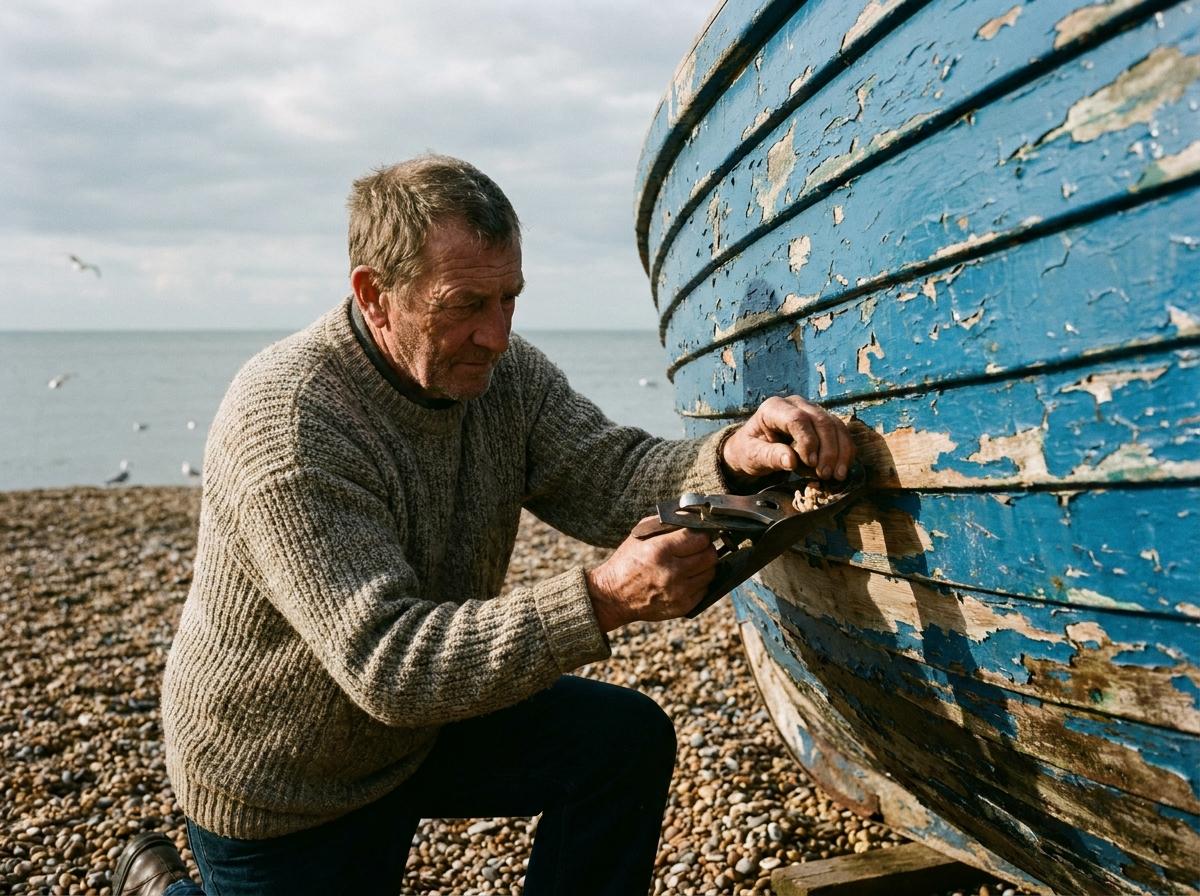 Candid photograph of a man in his sixties repairing a wooden fishing boat on a pebble beach, early morning side light, wool sweater, weathered hands holding a plane, boat hull in flaking blue paint, calm grey sea behind, shallow depth of field, 50mm lens, natural color. CVY.AI