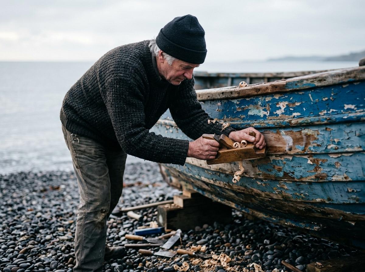 Candid photograph of a man in his sixties repairing a wooden fishing boat on a pebble beach, early morning side light, wool sweater, weathered hands holding a plane, boat hull in flaking blue paint, calm grey sea behind, shallow depth of field, 50mm lens, natural color. CVY.AI