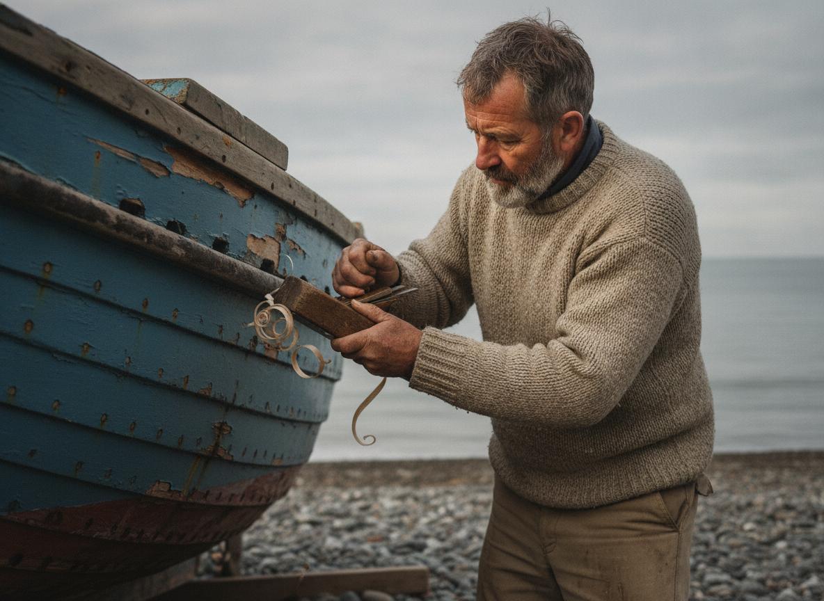 Candid photograph of a man in his sixties repairing a wooden fishing boat on a pebble beach, early morning side light, wool sweater, weathered hands holding a plane, boat hull in flaking blue paint, calm grey sea behind, shallow depth of field, 50mm lens, natural color. CVY.AI