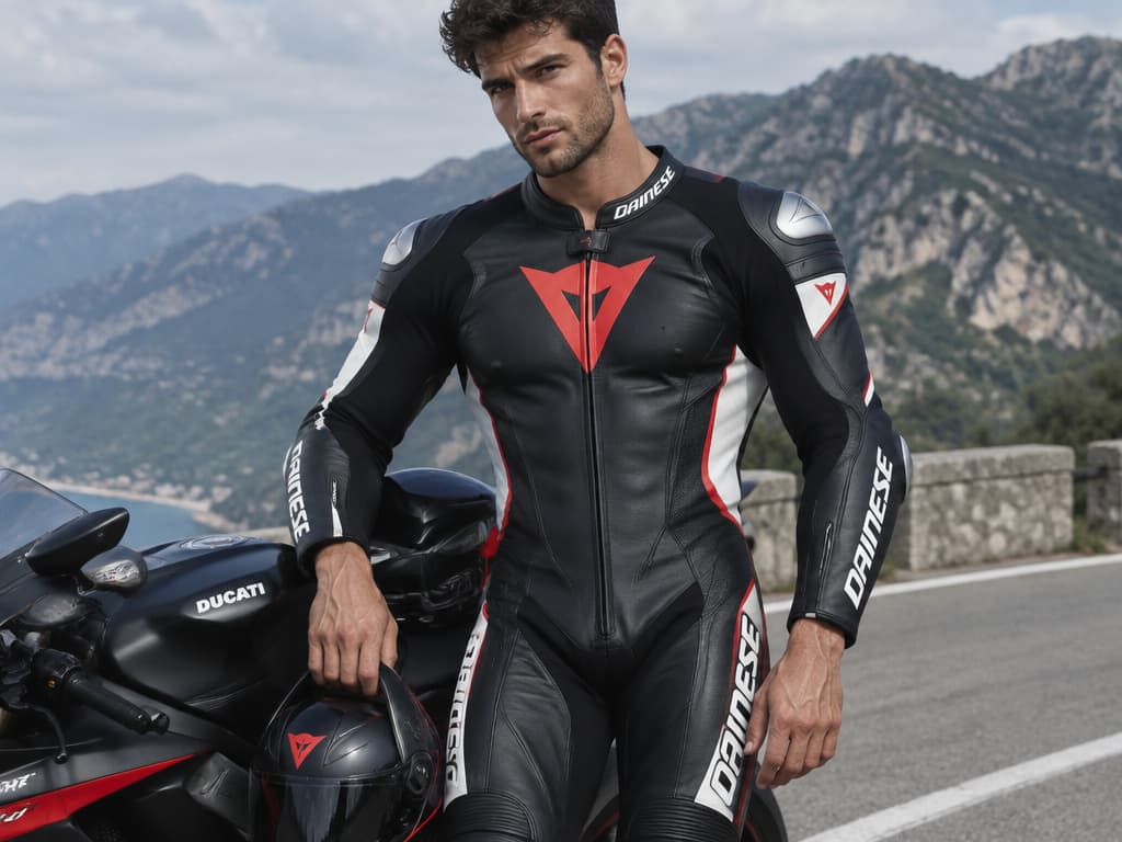 a sexy muscle handsome male biker in one-piece dainese suit CVY.AI