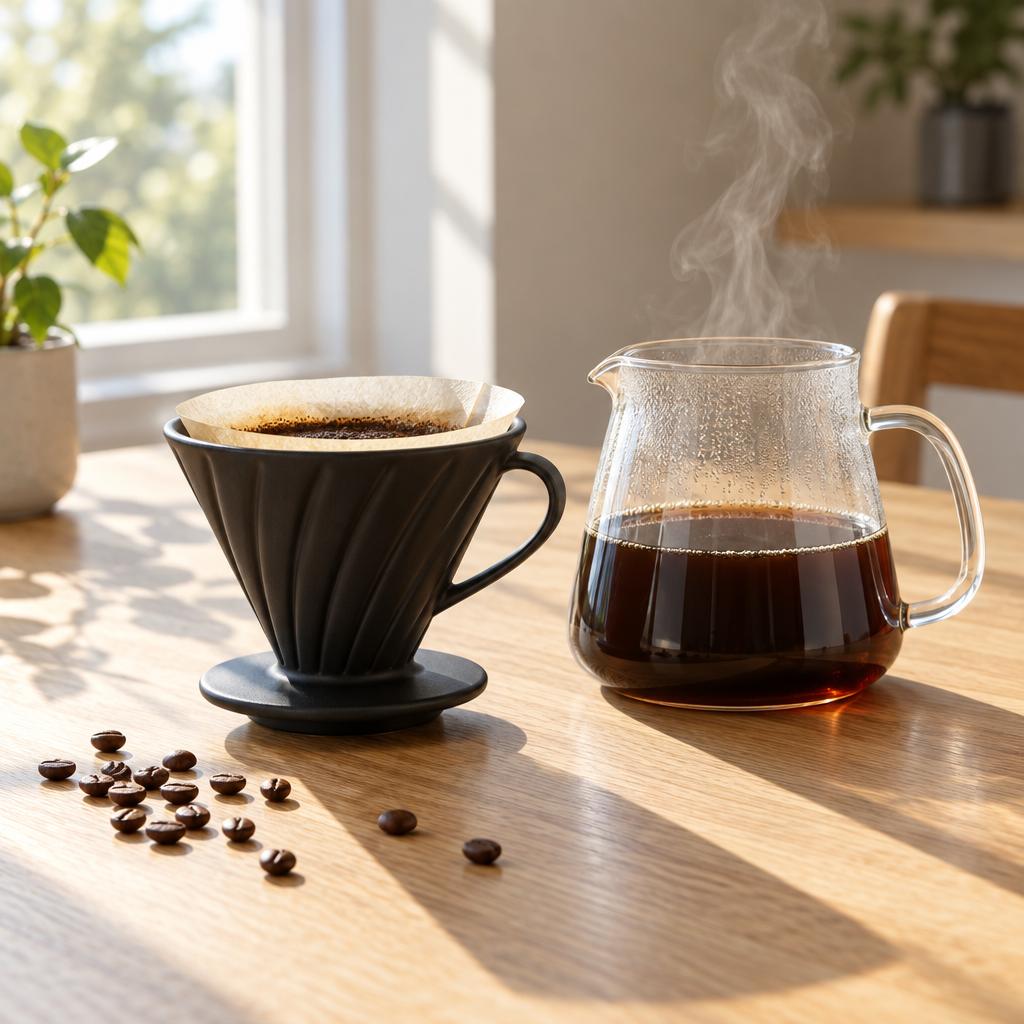 Product photo of a matte black ceramic pour-over coffee dripper on a light oak table, next to a glass carafe half full of coffee, morning sunlight from a window casting soft long shadows, a few scattered coffee beans. Clean commercial look, slight steam rising from the carafe. No text, no logo. CVY.AI