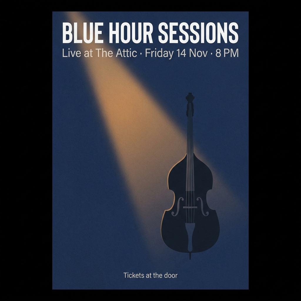 Minimalist concert poster for a jazz trio. Large headline text "BLUE HOUR SESSIONS", subheading "Live at The Attic · Friday 14 Nov · 8 PM", a small line at the bottom "Tickets at the door". Deep navy background, one warm amber spotlight, a silhouette of an upright bass. Swiss grid typography, clean sans-serif. CVY.AI
