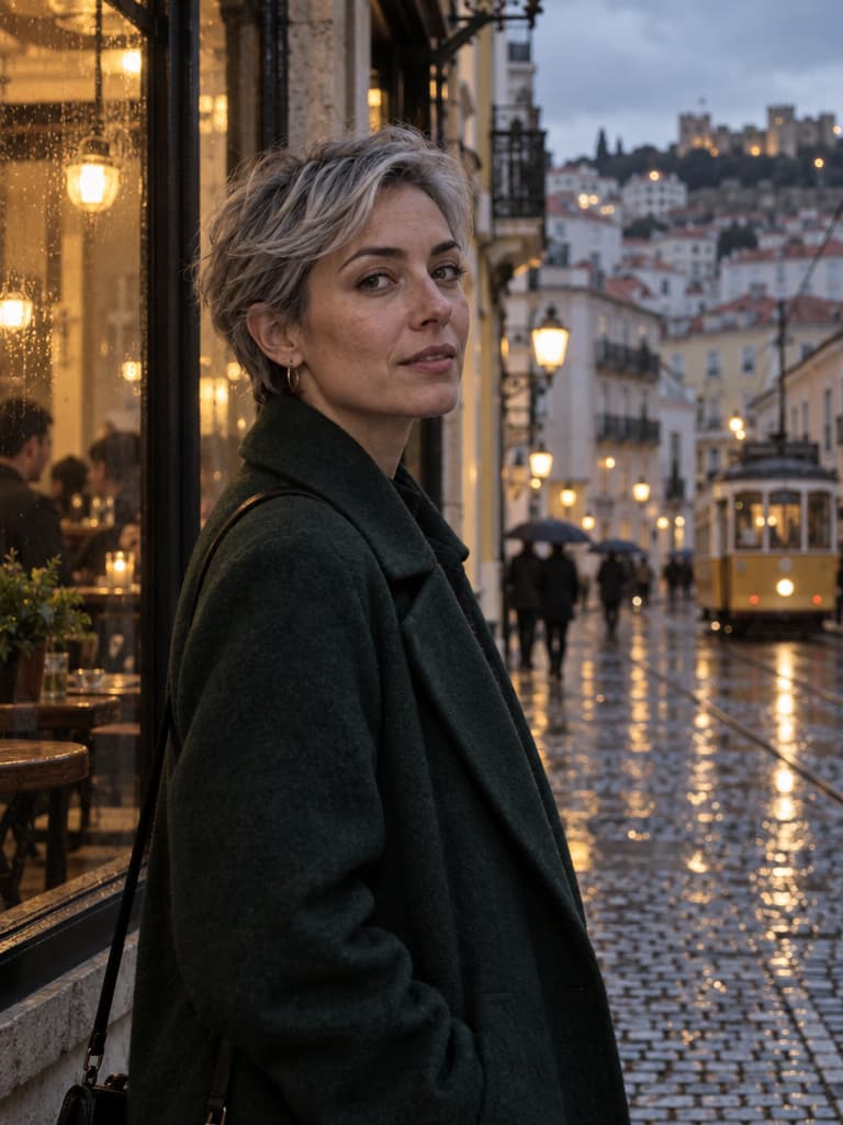 Editorial portrait of a woman in her 30s with short silver hair, wearing a dark green wool coat, standing on a rainy Lisbon street at dusk. Natural skin texture, soft window light from a café on the left, shallow depth of field, 85mm lens look. No text. Editorial portrait of a woman in her 30s with short silver hair, wearing a dark green wool coat, standing on a rainy Lisbon street at dusk. Natural skin texture, soft window light from a café on the left, shallow depth of field, 85mm lens look. No text. CVY.AI