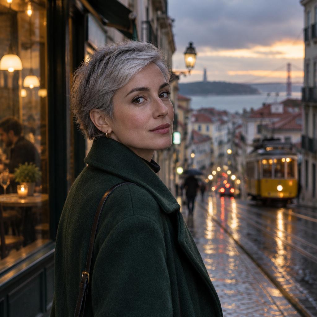 Editorial portrait of a woman in her 30s with short silver hair, wearing a dark green wool coat, standing on a rainy Lisbon street at dusk. Natural skin texture, soft window light from a café on the left, shallow depth of field, 85mm lens look. No text. CVY.AI