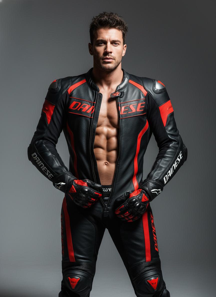 A muscular 30-year-old motorcyclist, handsome, dashing, confident, and sexy, wearing a full black-and-red Dainese motorcycle racing suit, matching motorcycle boots, and gloves, but without a helmet. He has a powerful athletic build with broad shoulders, defined pectoral muscles, and a strong sculpted chest visible through the fully opened front of the suit. The leather suit has a sleek black base with vivid red panels, red seams, and glossy protective armor details. A prominent red Dainese logo is placed across the chest area, but the front zipper is pulled completely down to the bottom, splitting the red chest logo cleanly into two symmetrical halves on the left and right sides of the opened suit.

He stands in a bold, confident editorial pose, with one gloved hand resting low at the front of his hips, over the crotch area, while the other arm hangs naturally by his side. Realistic leather texture, detailed folds, muscular torso, cinematic studio lighting, high-fashion motorcycle editorial photography, dramatic shadows, sharp focus, ultra-realistic, stylish and seductive atmosphere. CVY.AI