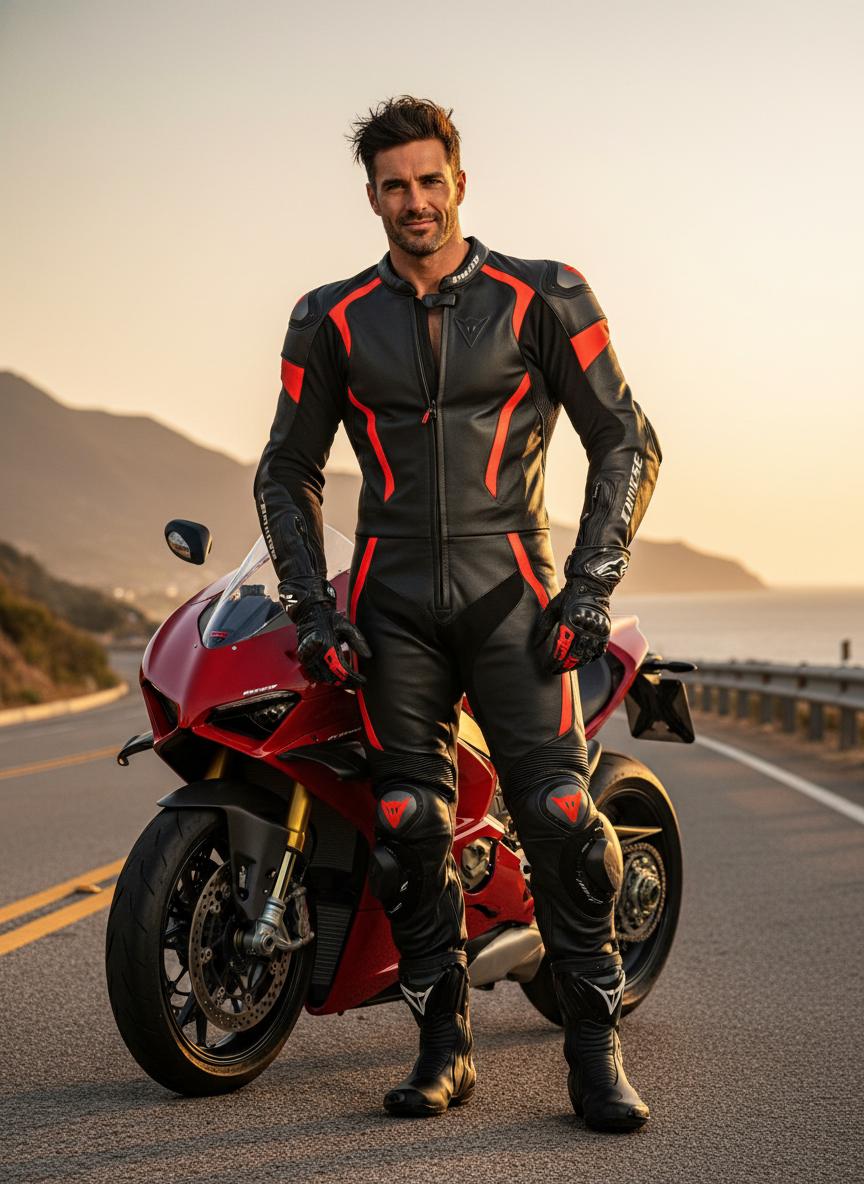 A muscular motorcyclist, dressed in a full Dainese suit, boots, and gloves, but without a helmet, is handsome, dashing, 30 years old, and sexy. CVY.AI