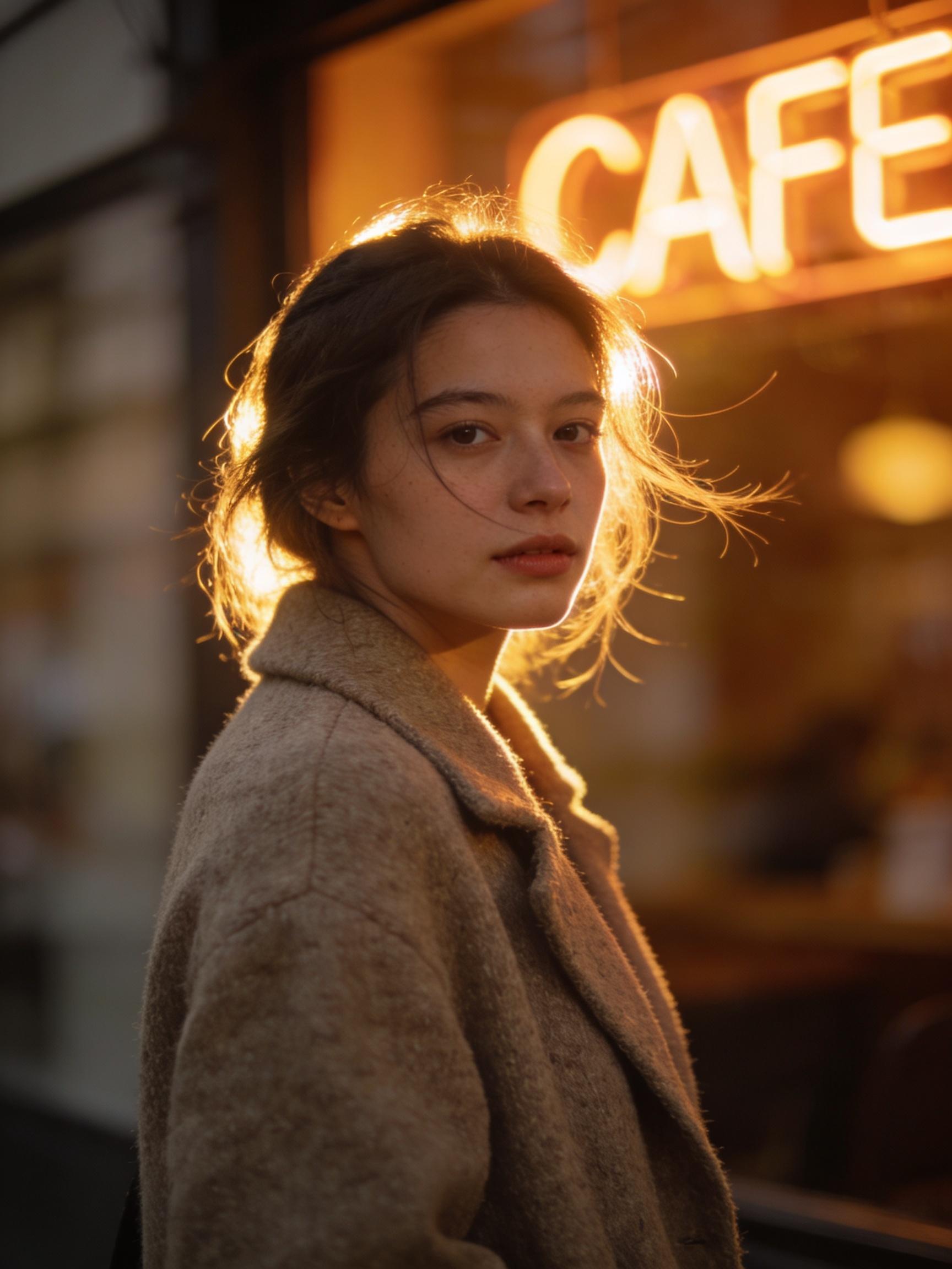 Subject: a young woman in a casual wool coat, half body, glancing toward camera
  Style: cinematic realism, warm film tone
  Composition: 85mm telephoto, shallow depth of field
  Light: golden-hour, a glowing storefront neon sign reading "CAFE" in the blurred background, rim light on hair
  Details: natural skin, windswept hair strands, no over-smoothing
  Aspect ratio: 3:4 vertical CVY.AI