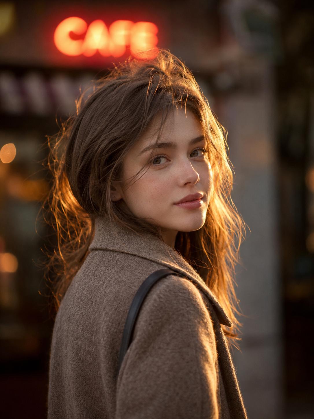Subject: a young woman in a casual wool coat, half body, glancing toward camera
  Style: cinematic realism, warm film tone
  Composition: 85mm telephoto, shallow depth of field
  Light: golden-hour, a glowing storefront neon sign reading "CAFE" in the blurred background, rim light on hair
  Details: natural skin, windswept hair strands, no over-smoothing
  Aspect ratio: 3:4 vertical