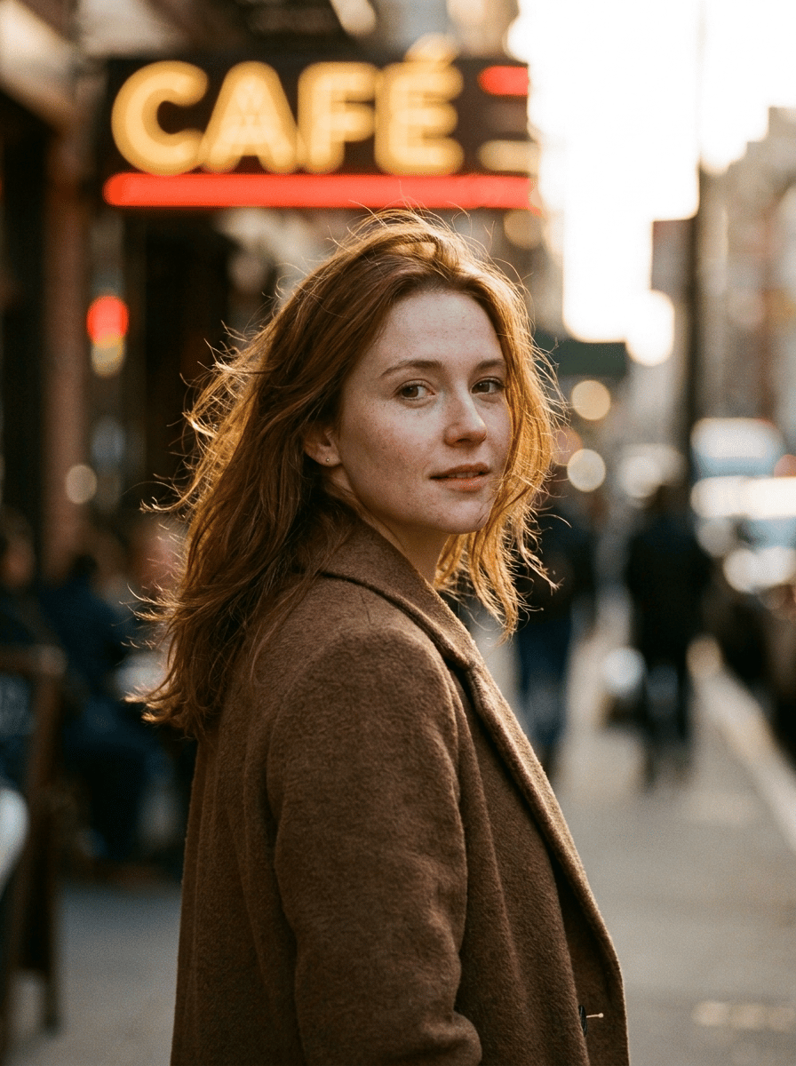 Subject: a young woman in a casual wool coat, half body, glancing toward camera
  Style: cinematic realism, warm film tone
  Composition: 85mm telephoto, shallow depth of field
  Light: golden-hour, a glowing storefront neon sign reading "CAFE" in the blurred background, rim light on hair
  Details: natural skin, windswept hair strands, no over-smoothing
  Aspect ratio: 3:4 vertical CVY.AI