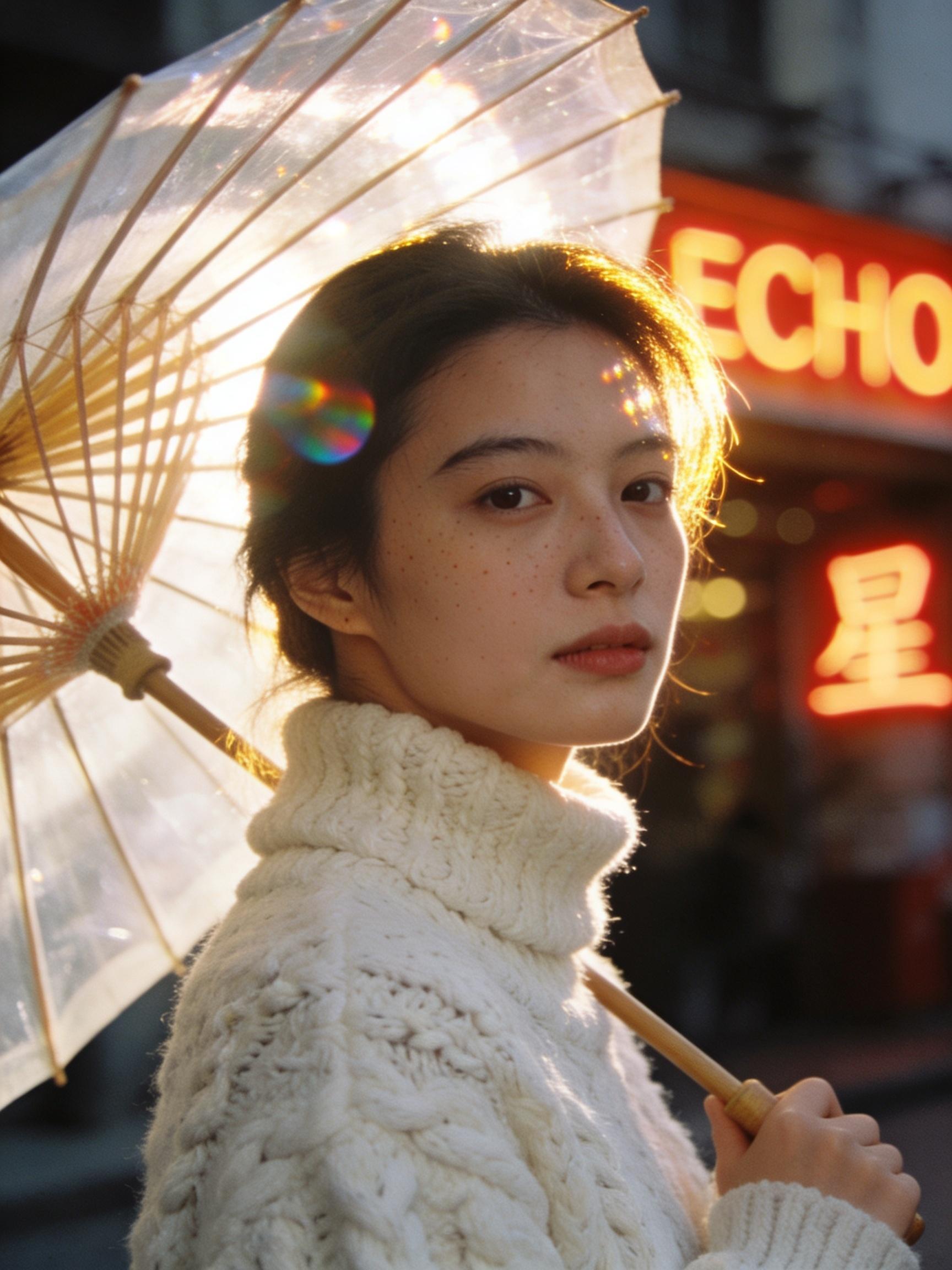 主体：一位年轻女性，半身，侧脸微转向镜头，手中撑着一把传统的半透明油纸伞。 
细节：皮肤有真实的纹理和细微的雀斑，无过度磨皮。她穿着一件材质厚重的复古粗针织白毛衣，能看清毛线的编织纹理。 
文字渲染：背景是虚化的街景，人物侧后方有一个发光的霓虹灯招牌，招牌上必须清晰地显示英文字母“ECHO”和中文字符“星”。 
风格：电影感写实，王家卫风格，柔和的柯达胶片质感。 
构图：85mm 长焦，浅景深，人物面部极其清晰，背景呈现漂亮的散景（Bokeh）光斑。 
光线：黄昏侧逆光，阳光穿透油纸伞在脸上形成柔和的漫反射，发丝有清晰的金色边缘光（轮廓光）。 
画幅：3:4 竖构图。 CVY.AI