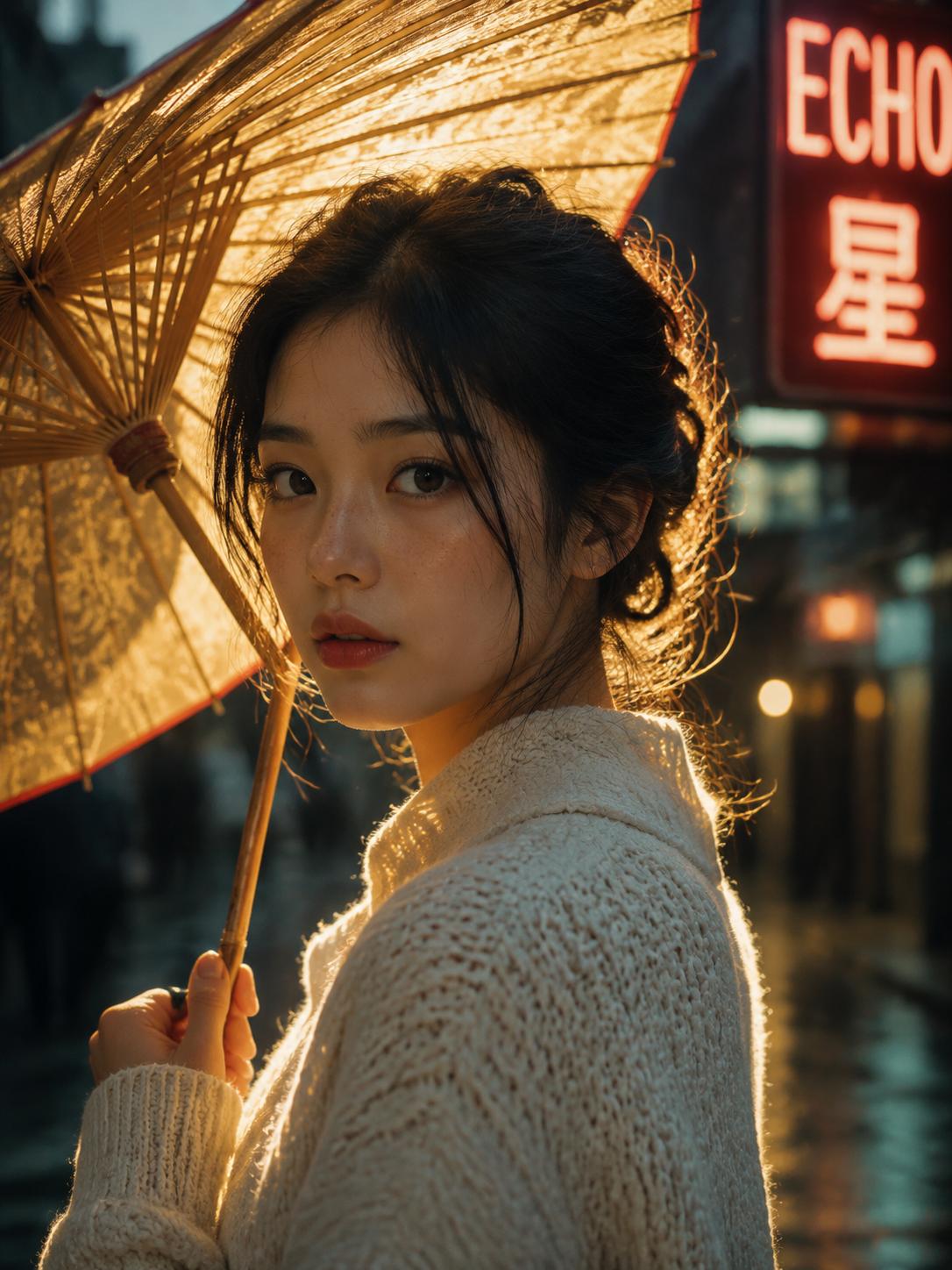 主体：一位年轻女性，半身，侧脸微转向镜头，手中撑着一把传统的半透明油纸伞。 
细节：皮肤有真实的纹理和细微的雀斑，无过度磨皮。她穿着一件材质厚重的复古粗针织白毛衣，能看清毛线的编织纹理。 
文字渲染：背景是虚化的街景，人物侧后方有一个发光的霓虹灯招牌，招牌上必须清晰地显示英文字母“ECHO”和中文字符“星”。 
风格：电影感写实，王家卫风格，柔和的柯达胶片质感。 
构图：85mm 长焦，浅景深，人物面部极其清晰，背景呈现漂亮的散景（Bokeh）光斑。 
光线：黄昏侧逆光，阳光穿透油纸伞在脸上形成柔和的漫反射，发丝有清晰的金色边缘光（轮廓光）。 
画幅：3:4 竖构图。 CVY.AI