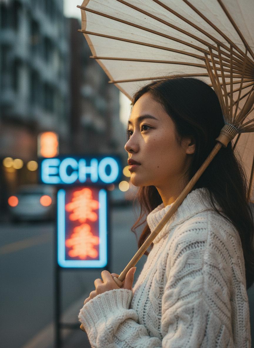 主体：一位年轻女性，半身，侧脸微转向镜头，手中撑着一把传统的半透明油纸伞。 
细节：皮肤有真实的纹理和细微的雀斑，无过度磨皮。她穿着一件材质厚重的复古粗针织白毛衣，能看清毛线的编织纹理。 
文字渲染：背景是虚化的街景，人物侧后方有一个发光的霓虹灯招牌，招牌上必须清晰地显示英文字母“ECHO”和中文字符“星”。 
风格：电影感写实，王家卫风格，柔和的柯达胶片质感。 
构图：85mm 长焦，浅景深，人物面部极其清晰，背景呈现漂亮的散景（Bokeh）光斑。 
光线：黄昏侧逆光，阳光穿透油纸伞在脸上形成柔和的漫反射，发丝有清晰的金色边缘光（轮廓光）。 
画幅：3:4 竖构图。 CVY.AI