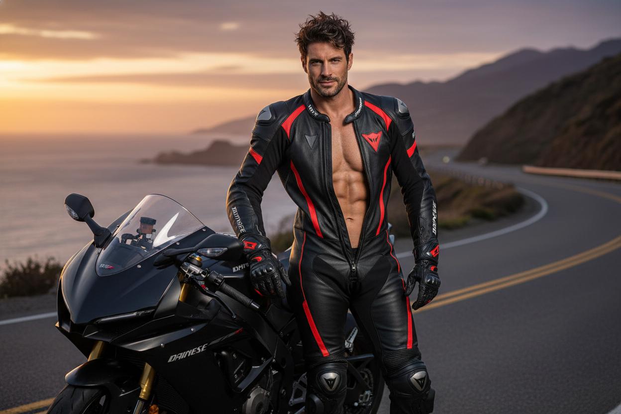 A muscular motorcyclist, dressed in a full Dainese suit, boots, and gloves, but without a helmet, is handsome, dashing, 30 years old, and sexy. CVY.AI