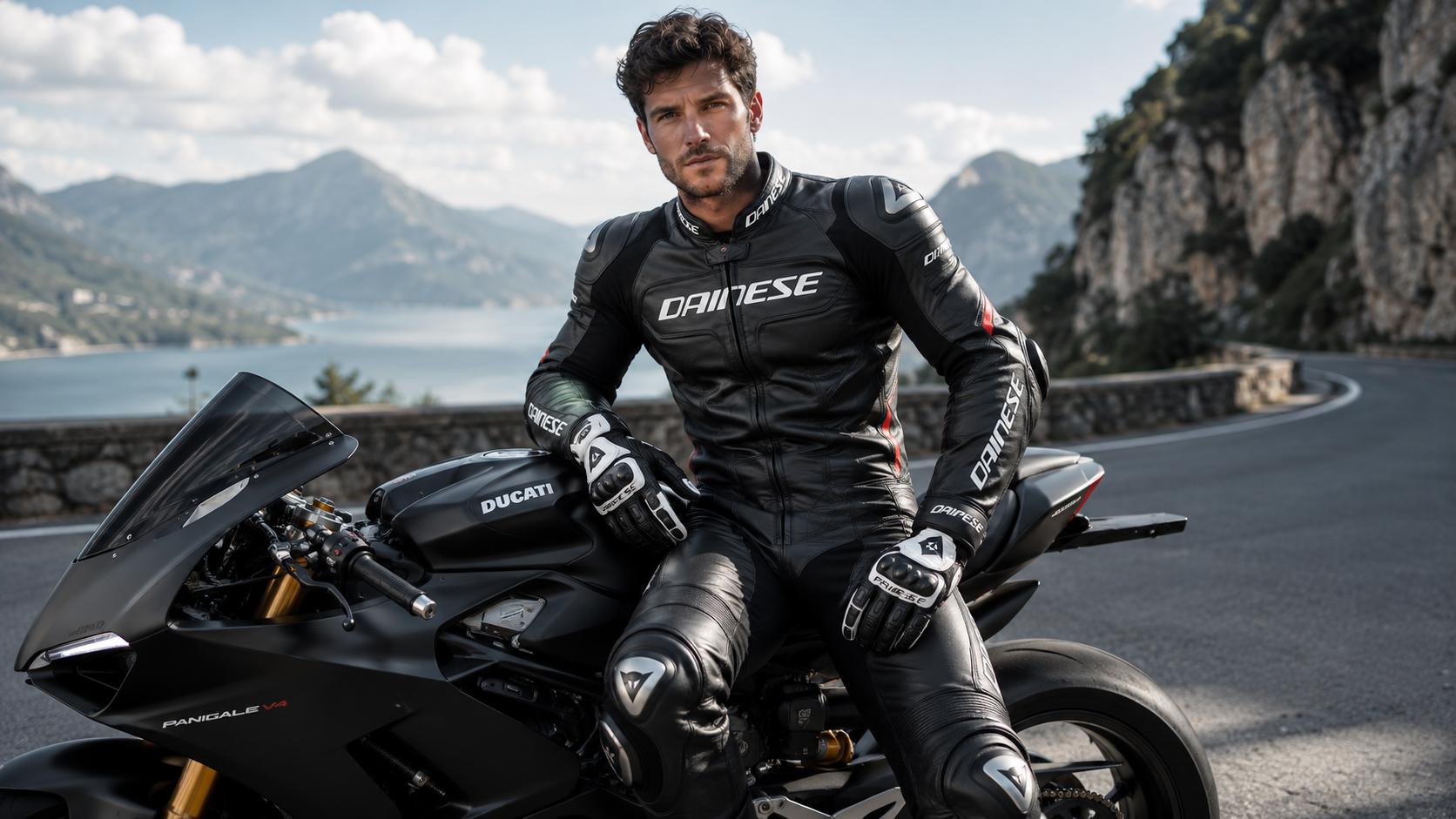 A muscular motorcyclist, dressed in a full Dainese suit, boots, and gloves, but without a helmet, is handsome, dashing, 30 years old, and sexy. CVY.AI