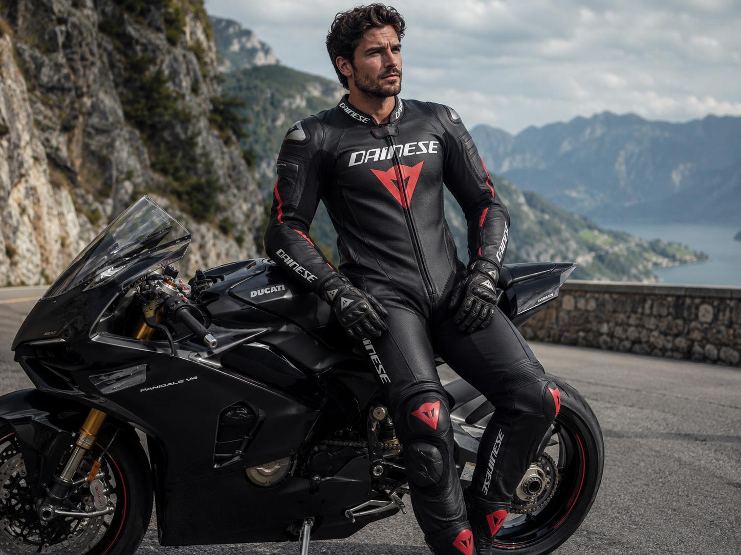 A muscular biker, dressed in a full Dainese suit, boots, and gloves, but without a helmet, handsome, 30-year-old, and sexy. CVY.AI
