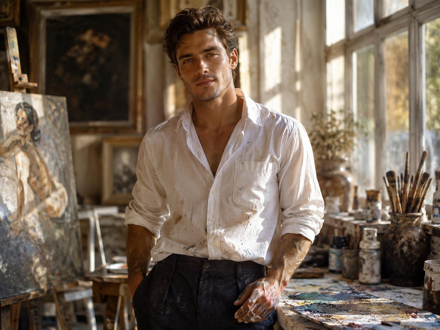 A handsome adult male artist standing in a sunlit painting studio, wearing a slightly loose white shirt with rolled-up sleeves and dark trousers, paint marks on his hands, warm afternoon light through large windows, canvases and brushes around him, calm confident gaze, tasteful romantic atmosphere, cinematic portrait photography, realistic, elegant and charming