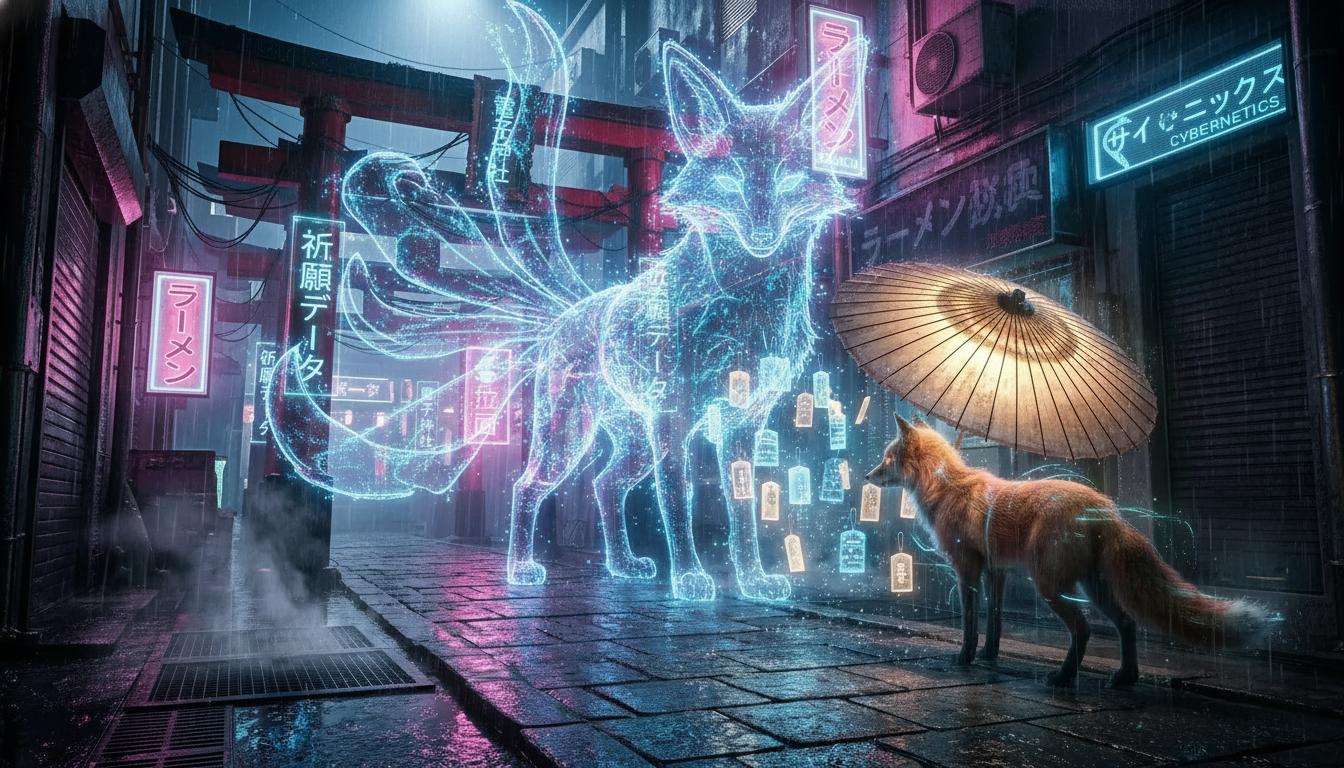 Keep the original cyberpunk shrine, rainy neon alley, torii gates, holographic kanji signs, wet reflective pavement, and fox spirit under the umbrella. Add a giant translucent holographic kitsune spirit emerging behind the shrine, with nine glowing tails made of blue and magenta light. Add more rain droplets catching neon reflections, and make the floating digital prayer tablets swirl gently around the fox spirit. Preserve the original composition, Japanese sci-fi fantasy mood, cinematic lighting, and high-detail neon atmosphere. CVY.AI