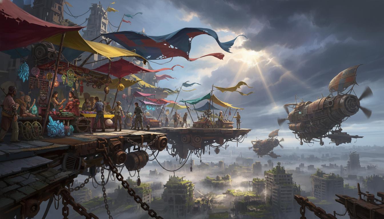 A spectacular post-apocalyptic sky market built on floating metal platforms above a ruined city, colorful fabric canopies waving in strong wind, merchants trading strange relics and glowing artifacts, patched airships docking nearby, sunlight breaking through storm clouds, rusted machinery mixed with vibrant life, cinematic composition, ultra-detailed, adventurous atmosphere, concept art, 8k CVY.AI