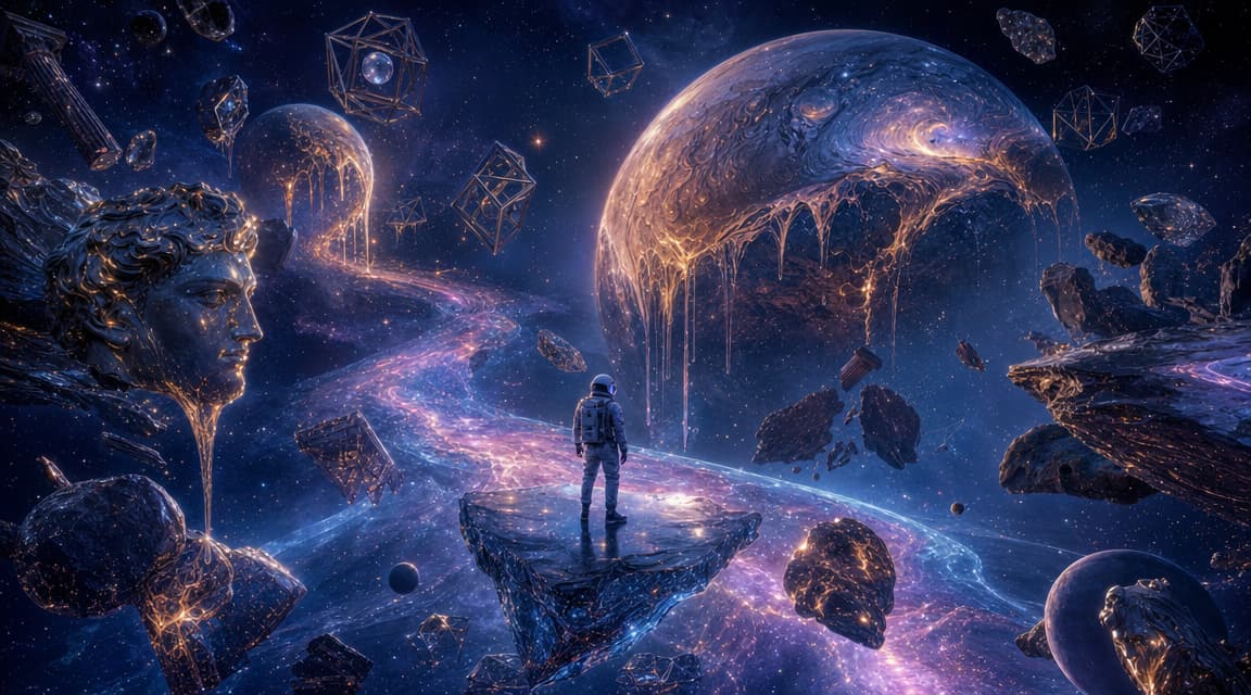 A surreal cosmic landscape in deep space, a lone astronaut standing on a floating glass-like asteroid, enormous planets melting like liquid metal in the background, glowing nebula rivers flowing through the stars, impossible geometric structures orbiting silently, fragments of ancient statues drifting in zero gravity, dreamlike atmosphere, cinematic lighting, ultra-detailed, ethereal colors, volumetric glow, high contrast, mysterious and majestic, concept art, 8k A surreal cosmic landscape in deep space, a lone astronaut standing on a floating glass-like asteroid, enormous planets melting like liquid metal in the background, glowing nebula rivers flowing through the stars, impossible geometric structures orbiting silently, fragments of ancient statues drifting in zero gravity, dreamlike atmosphere, cinematic lighting, ultra-detailed, ethereal colors, volumetric glow, high contrast, mysterious and majestic, concept art, 8k CVY.AI