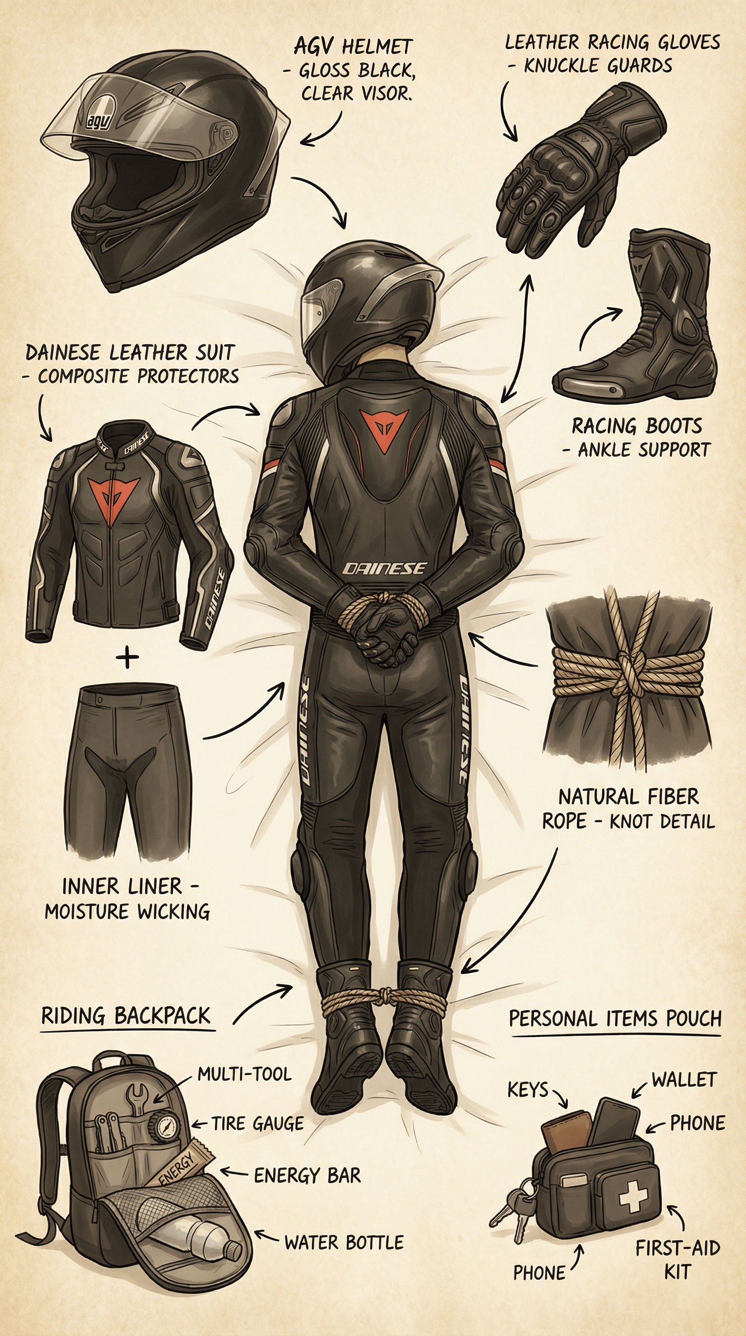 A character sheet of a bound motorcycle rider CVY.AI