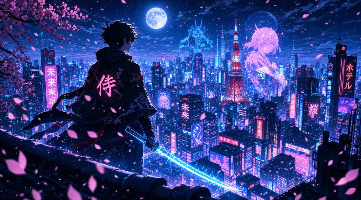 Keep the original rooftop scene, futuristic Tokyo skyline, neon holograms, moonlight, cherry blossoms, and Japanese anime style. Add a glowing blue energy sword in the young hero’s right hand, casting a subtle cyan light onto the hero’s clothes and nearby rooftop surface. Add more cherry blossom petals swirling dramatically around the character. Do not change the hero’s face, pose, or overall silhouette. Maintain sharp anime linework, vibrant colors, and cinematic emotional lighting. CVY.AI