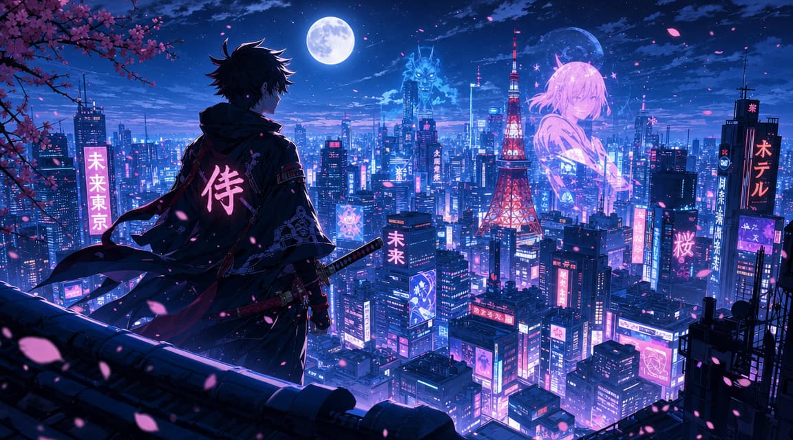 A stunning Japanese anime scene of a young hero standing on a rooftop at night, overlooking a futuristic Tokyo skyline filled with glowing holograms and neon signs, cherry blossoms drifting through the air, dramatic moonlight, intense emotional atmosphere, dynamic composition, highly detailed anime art, vibrant colors, cinematic lighting, sharp linework, beautiful background art, epic and emotional CVY.AI
