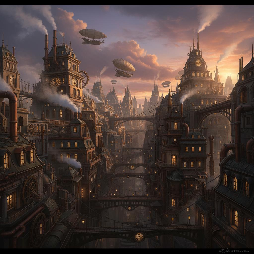 A highly detailed steampunk city at dusk, towering brass buildings with copper pipes, giant rotating gears, steam vents, airships floating between smoky clouds, warm golden light from Victorian street lamps, intricate mechanical details, retro-futuristic atmosphere, elegant Victorian architecture mixed with industrial machinery, cinematic composition, volumetric lighting, dramatic clouds, ultra-detailed, realistic textures, high contrast, 8k, concept art style CVY.AI
