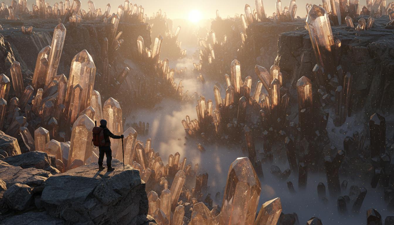 A breathtaking ultra-realistic scene of a lone explorer standing on the edge of a massive crystal canyon at sunrise, thousands of translucent crystal pillars reflecting golden light, mist flowing through the canyon like a river, tiny floating dust particles illuminated by the sun, highly detailed textures, realistic atmosphere, cinematic composition, natural lighting, sharp focus, photorealistic, extremely detailed, 8k, epic scale CVY.AI