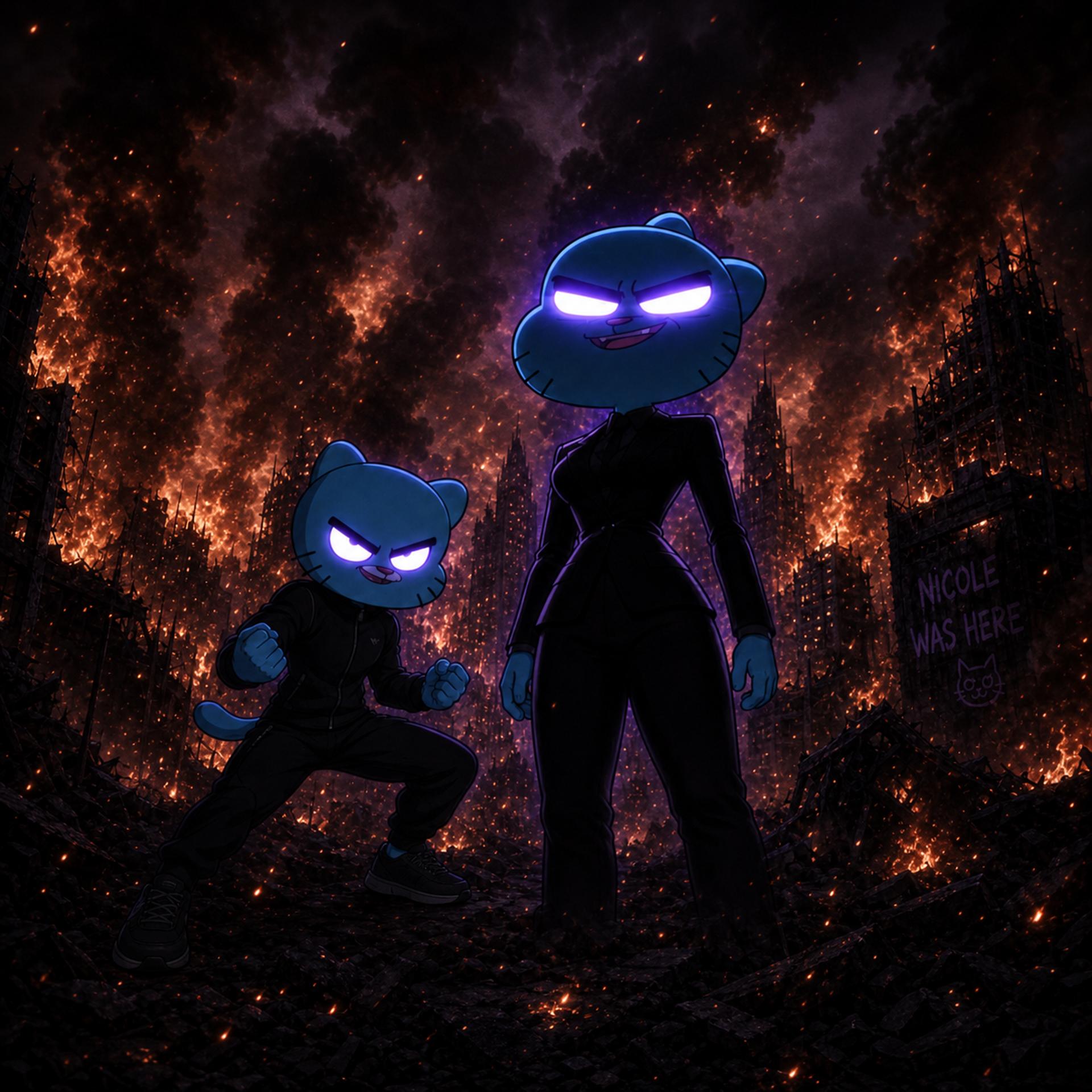 Make this image have a moving background of fire and smoke. Do not change or move the characters. CVY.AI