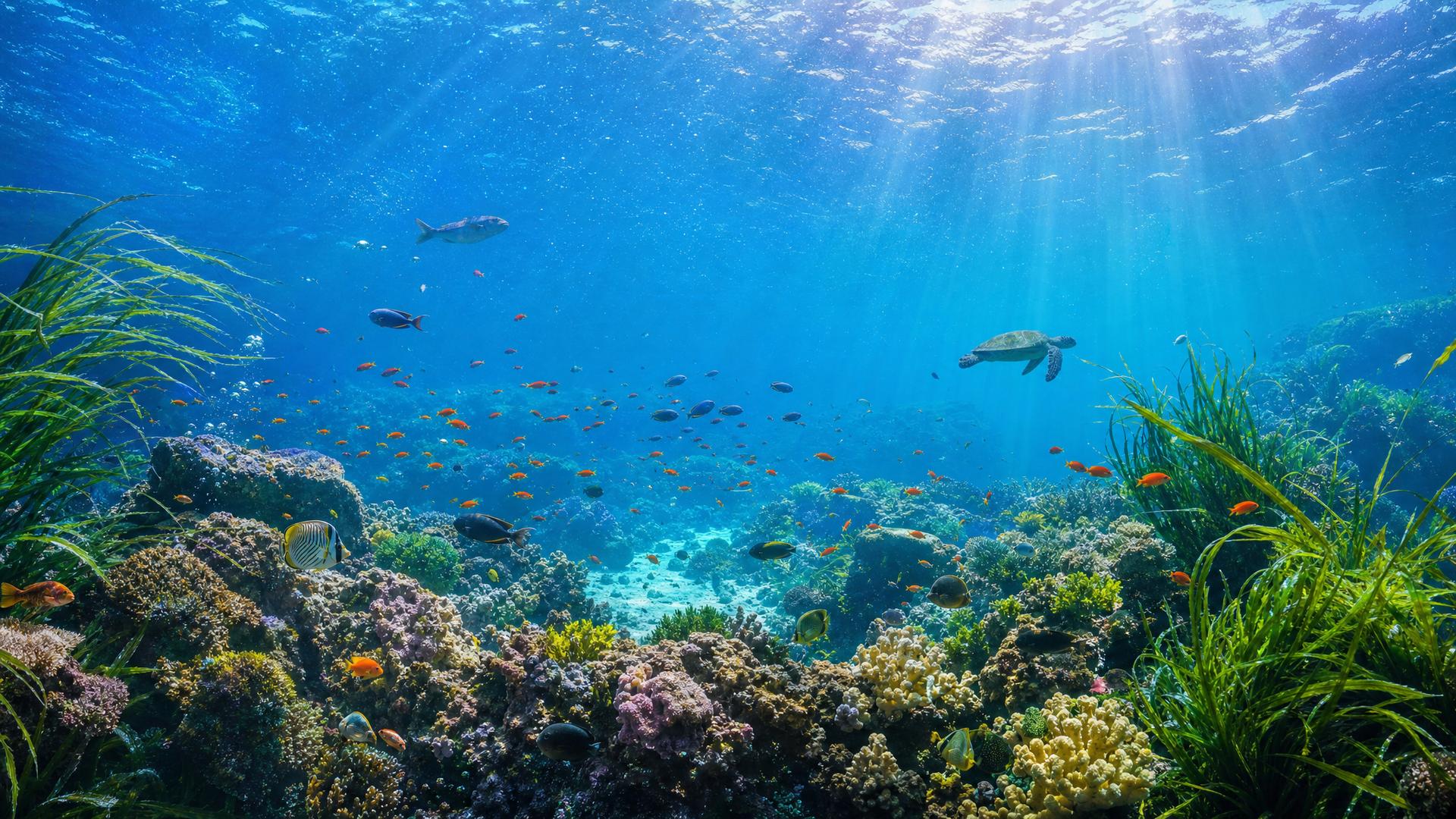 Ultra realistic underwater world, crystal clear blue seawater, colorful tropical fish, glowing coral reefs, soft sunlight filtering through water waves, floating seaweed, tiny bubbles, diverse marine creatures, vivid colors, cinematic light, 8K, high detail, panoramic view