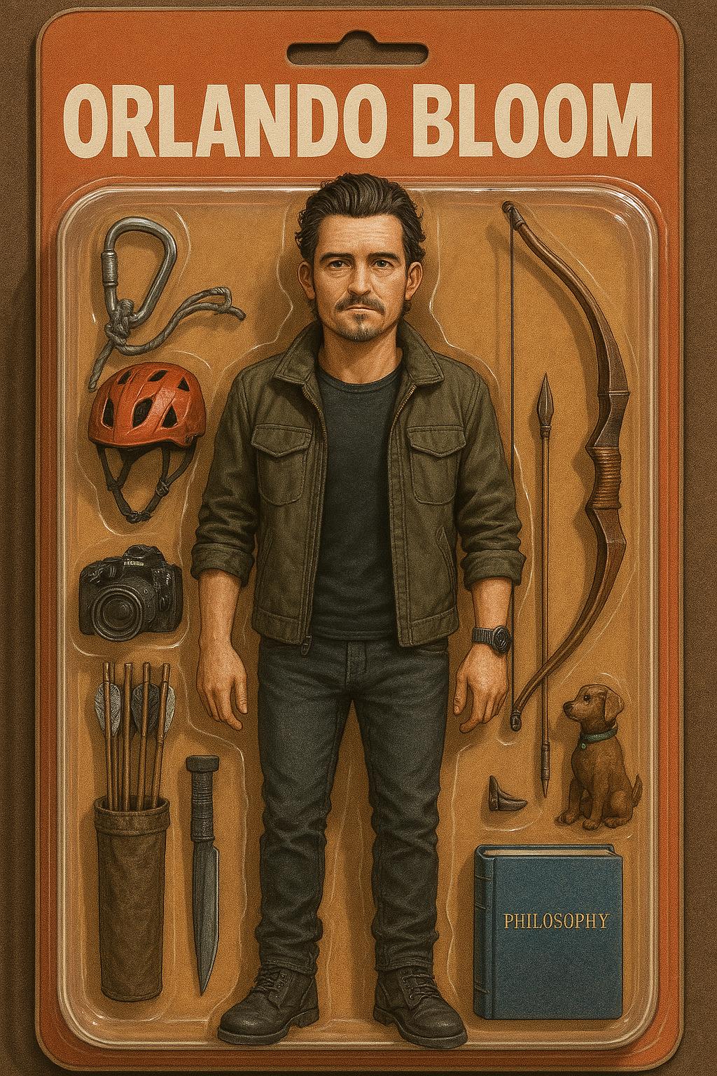 Create an illustration of "Orlando Bloom" as a realistic action figure. Make it highly detailed using what you know about his personality and interests. Include several unique items inside the packaging that symbolize who he is. Create an illustration of "Orlando Bloom" as a realistic action figure. Make it highly detailed using what you know about his personality and interests. Include several unique items inside the packaging that symbolize who he is. CVY.AI