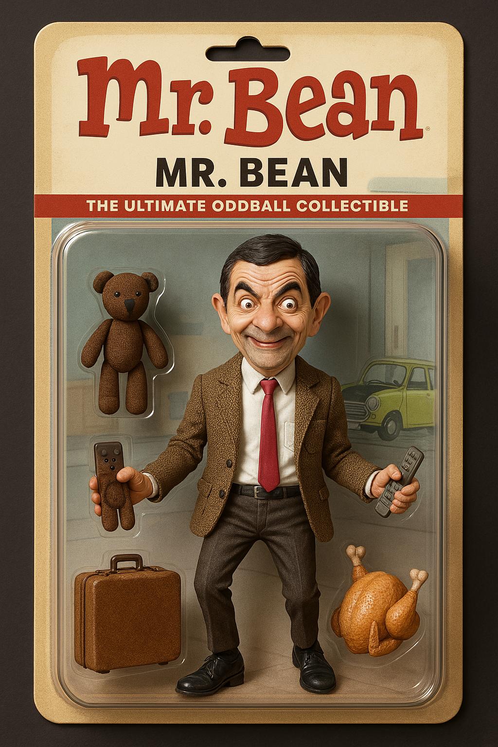 Create a realistic and humorous action figure of Mr. Bean, the iconic British comedy character played by Rowan Atkinson. 

The figure should be designed as a collectible action toy, capturing his quirky personality and classic look.  
Key Elements:  

Character Design:  Accurately depict Mr. Bean’s exaggerated facial expression, distinctive features, and comedic body posture.  

Outfit: Signature brown tweed jacket, white shirt, thin red tie, dark trousers, and black shoes.  Include a slightly awkward or goofy pose that reflects his clumsy yet lovable charm.  Accessories:  Include miniature props that are instantly recognizable from the show, such as:  Teddy (his beloved stuffed bear)  A suitcase  His iconic lime green Mini car (as a miniature or on the box design)  A turkey (as a reference to the famous holiday episode)  A TV remote or random quirky objects that fit his antics  

Packaging Design:  Place the action figure inside a detailed, collectible toy box.  At the top of the box, display the title Mr. Bean in playful, bold lettering.  Beneath that, include the character name "Mr. Bean", possibly with a humorous tagline like “The Ultimate Oddball Collectible.”  The background design can feature a silly scene from the show (like his apartment or the car park).  

Visual Style:  Render the entire figure, accessories, and packaging in a highly realistic, slightly cartoonish style to capture the essence of the character while keeping a lifelike toy aesthetic.