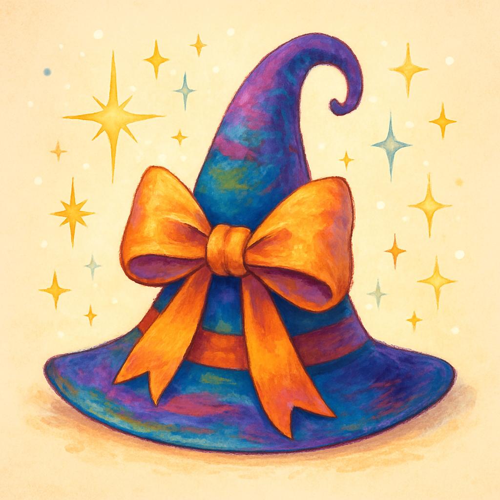 A vibrant, digital illustration of a colorful, witch hat with a large, bow-tied ribbon on its forehead, surrounded by star-like sparkles on a cream background. CVY.AI