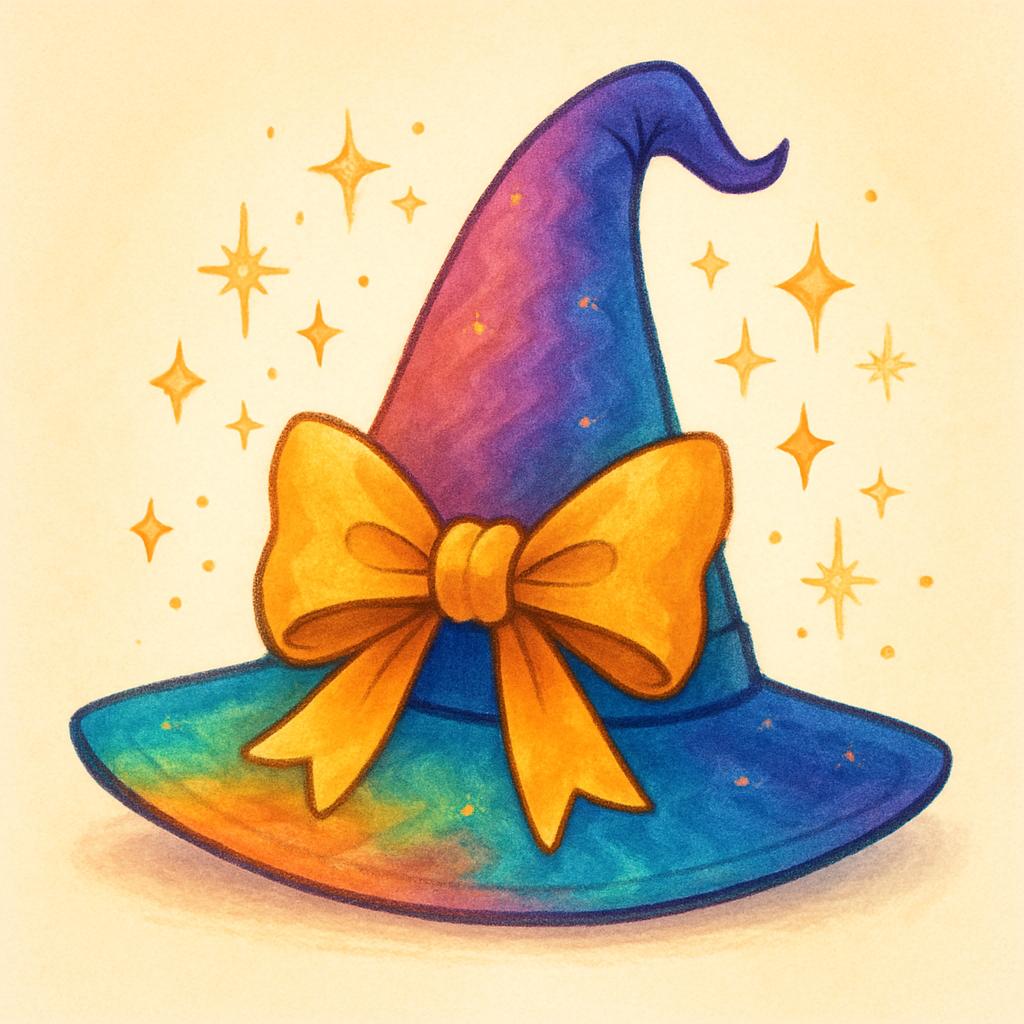 A vibrant, digital illustration of a colorful, witch hat with a large, bow-tied ribbon on its forehead, surrounded by star-like sparkles on a cream background. CVY.AI