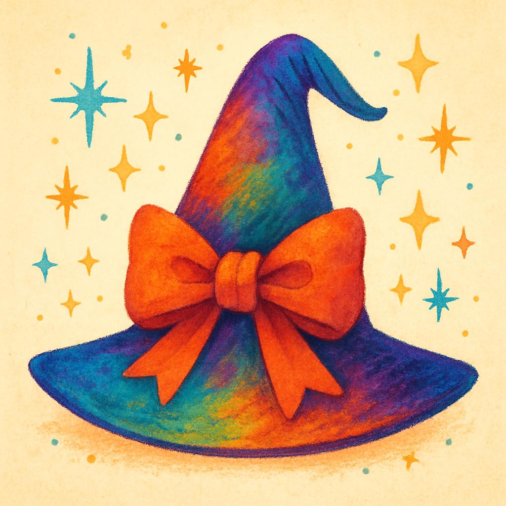 A vibrant, digital illustration of a colorful, witch hat with a large, bow-tied ribbon on its forehead, surrounded by star-like sparkles on a cream background. CVY.AI